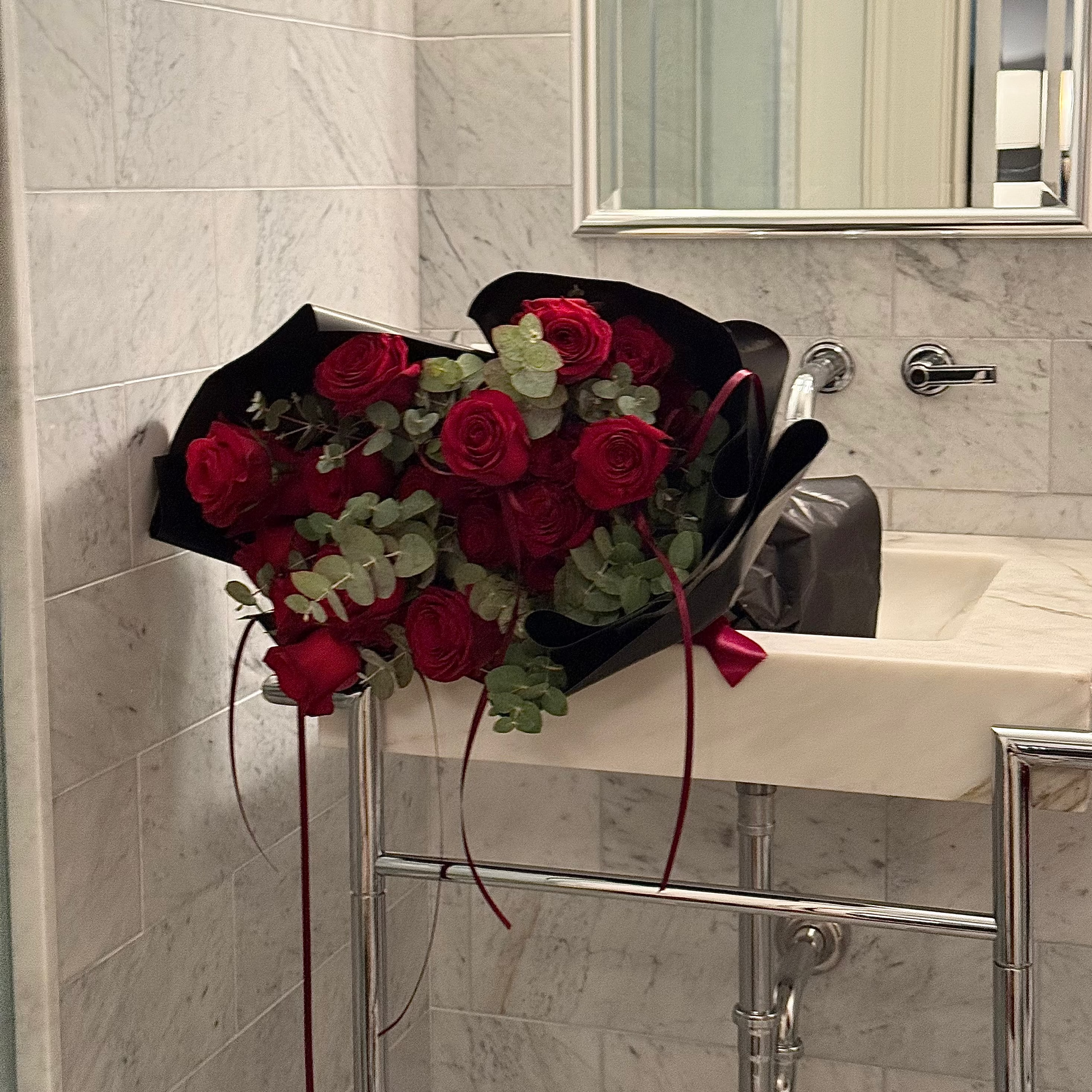 Classic Roses Bouquet with Black Wrapping - 2 dozen