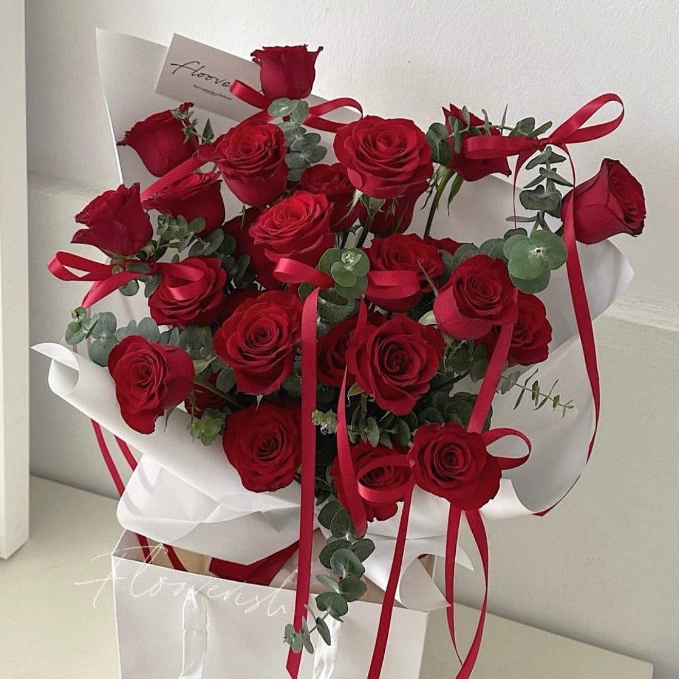 Classic Roses Bouquet with White Wrapping- 2 dozen