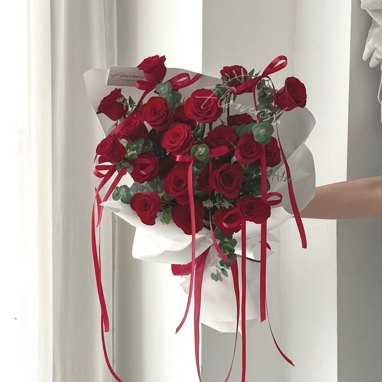 Classic Roses Bouquet with White Wrapping- 2 dozen